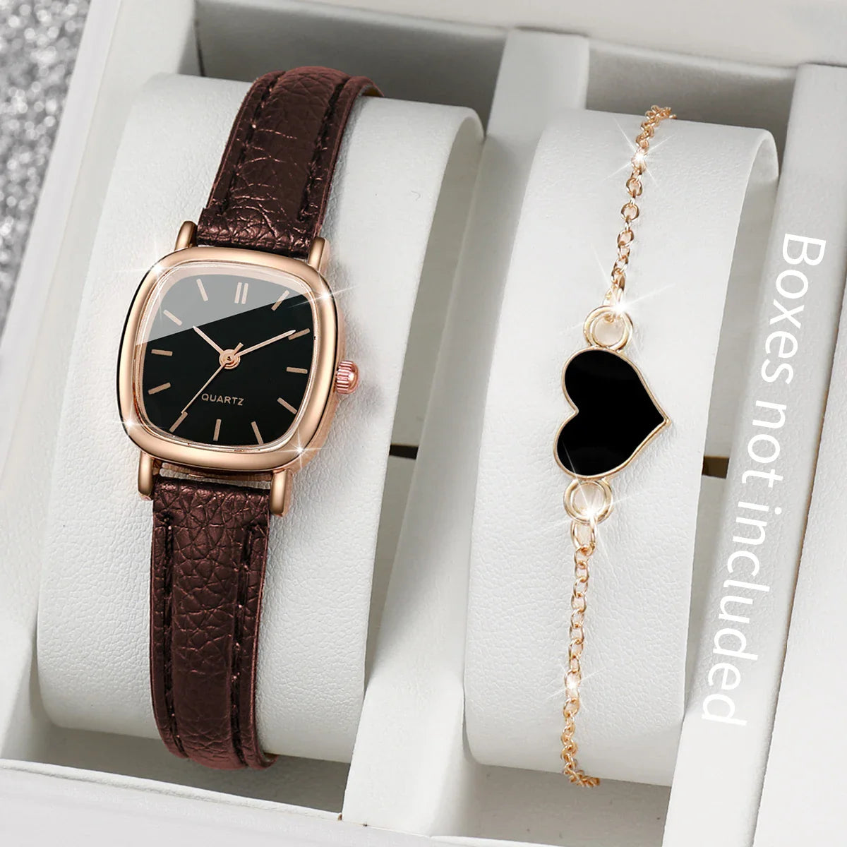 2PCS/Set Fashion Square Women Watch Leather Band Quartz Watches Heart Bracelet Set