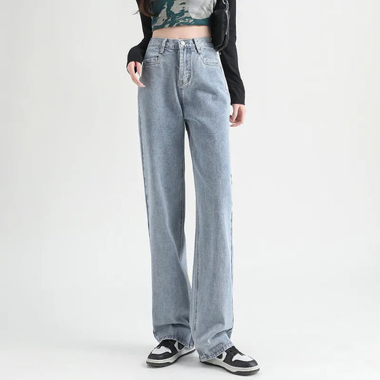 Woman Jeans Elastic High Waist Wide Leg Cotton Denim Clothing Blue White Streetwear
