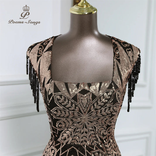 Homecoming Dresses: Long Party Dresses for wedding black and gold sequins Prom Dress
