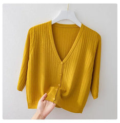 Fashion Women Solid Knitted Sweaters Coats Spring Summer Half Sleeve V-neck