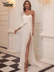 Evening Dresses: Women Elegant Evening Dresses Maxi One Shoulder Sequins