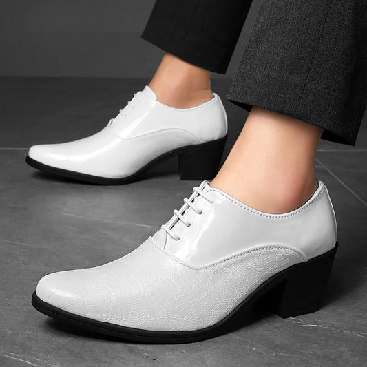 Trendy High Heel Men White Dress Shoes Pointed Toe Lace-up Men Formal Shoes