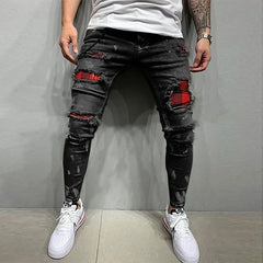 Ripped Jeans Men Stretch Skinny Grey Blue Black Hip Hop Denim Trousers