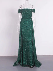 Evening wear Dresses: Off Shoulder Dazzling Sequin Fitted Bodice Evening Night Dress