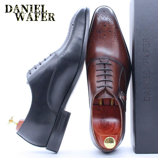 Classic Men's Genuine Leather Oxford Shoes Buckle Lace-Up Office Dress