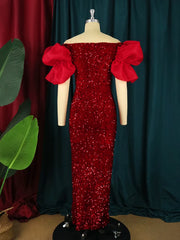 Homecoming Dresses: Off Shoulder Fluffy Sleeve High Slit Velvet Robes Big Size