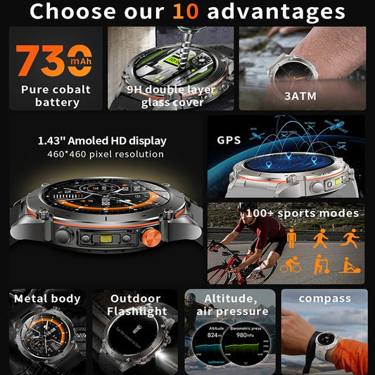 New Men Outdoors Sports Military GPS SmartWatch 10ATM Waterproof 730mAh High Battery Compass NFC HD Call For Android IOS Watch