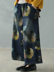Winter Females Fashion Plus Size Jeans Ladies Elastic Floral Denim Wide Leg Pants