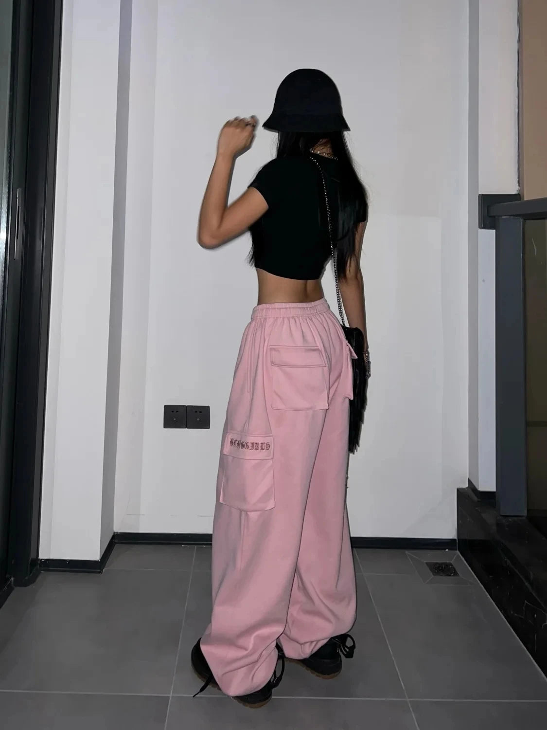 Y2K Pink Cargo Pants Women Kpop Style Streetwear Wide Leg Sweatpants