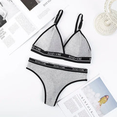 Women Cotton Bra Low Waist Panties Lingerie Set Letter Print Push Up Bras