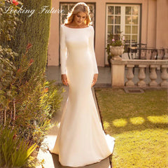 White Bridesmaid Dresses: Wedding Dress Satin Cowl Back O-Neck Bridal Gown