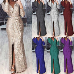 Homecoming Dresses: Long Sleeve V Neck Long Women'S Dress Slim Sling Slit