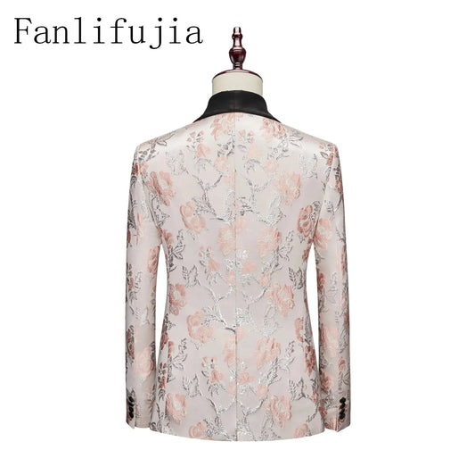 Tuxedo for Mens: Pink Silver Floral Men Suits Tuxedo Jacquard Male 3 Pieces