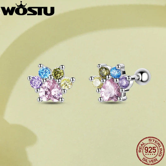 WOSTU 925 Sterling Silver Animals Cute Paws Rainbow Stud Earrings For Women Heart Oval Flower Zircon Crab Ear Studs Jewelry Gift