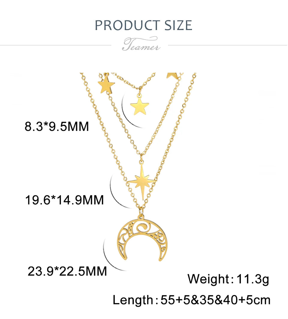 Teamer Three Layer Witchy Necklace for Women Star Moon Stainless Steel Necklaces