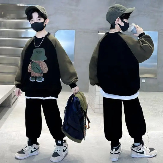 Spring Autumn Boys Patchwork Cartoon Sweatshirt+Sweatpant Workout Set School Kids 2PCS Tracksuit Children Jogging Outfit 5-16 Yr