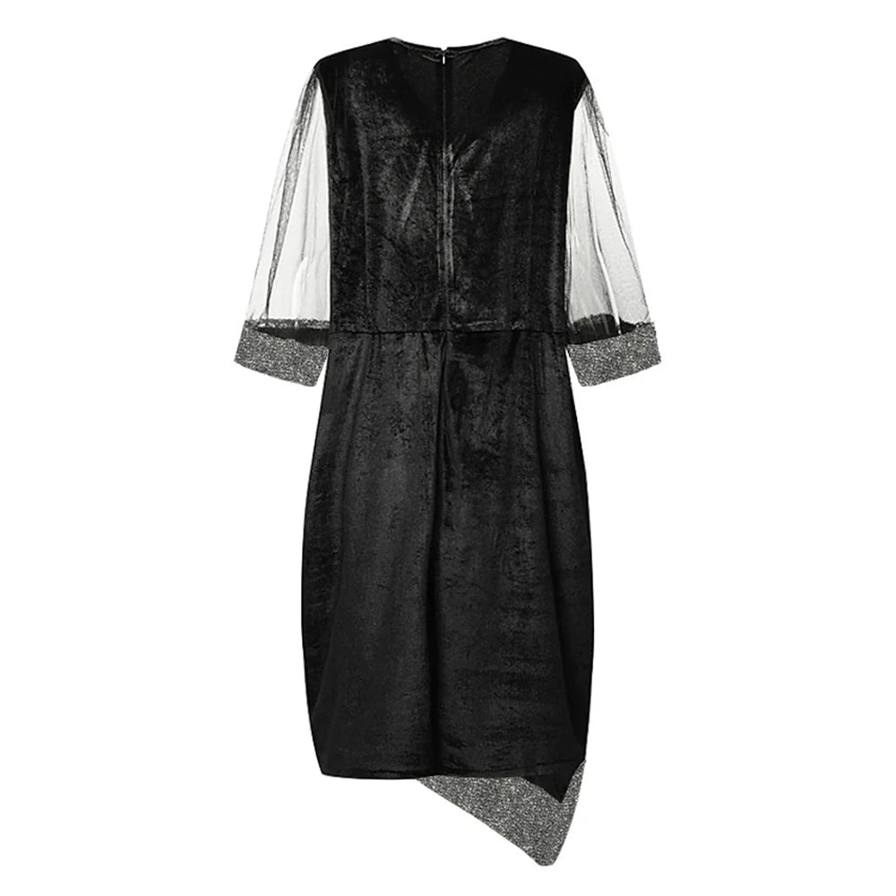 Women Elegant V-Neck Party Dress Plus Size Velvet Irregular Silver
