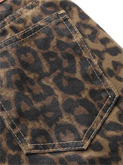 Y2K Leopard Print Jeans Women High Waisted Korean Style Wide Leg Denim Trousers