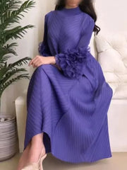 Pleated Maxi Long Dress Mesh Petal Sleeve Half Turtleneck Formal Dresses