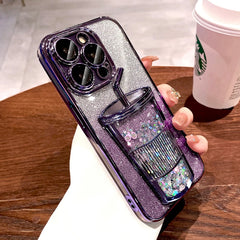 Bling Case For iPhone 16 15 14 13 12 Pro Max 15Pro 14Pro Lovely Clear Transparent Straw Cup Cover Insert Glitter Paper