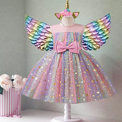 Children's Unicorn Dress Girls Rainbow Wedding Birthday Party Princess Dress Halloween Unicorn Performance Cosplay Costume 3-8Y