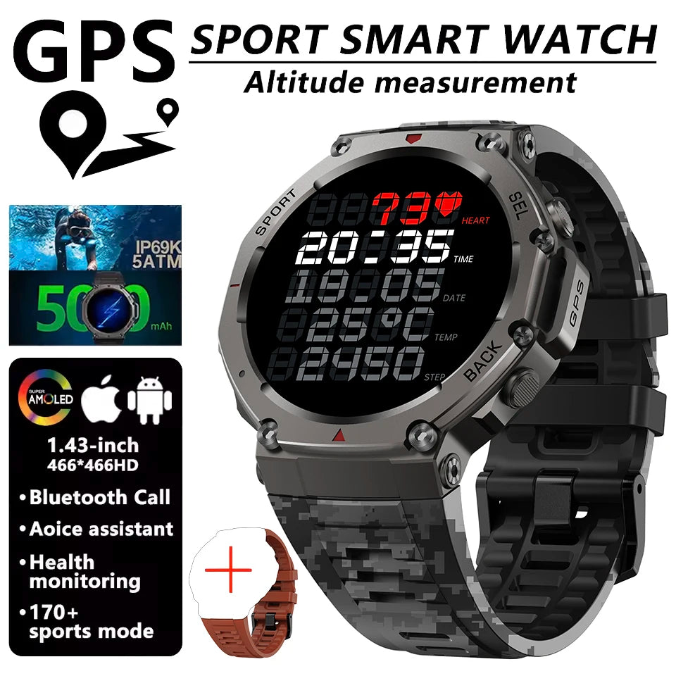 Popular Men Outdoor T-Rex3 Military Built-in GPS SmartWatch Compass Altimeter 10ATM Waterproof 170 Sport HD Bluetooth Call Watch
