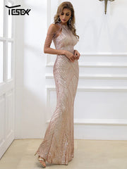Evening wear Dresses: Women Party Halter Sequin Beaded Maxi Elegant Evening