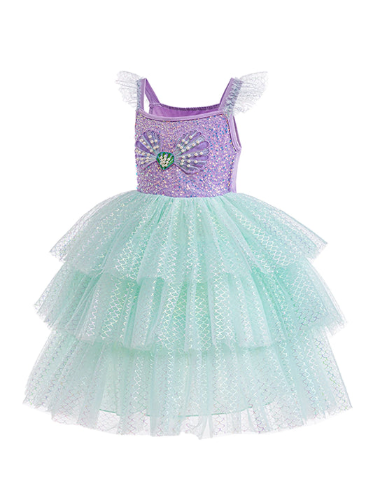 Girls Elegant Rainbow Princess Dress With Bowknot Flutter Trim Mesh Dress Tutu Dress For Party, Performance Tutu Dress