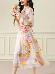 Evening Dresses: Floral Silk V-Neck Bandage Long Dress Women Elegant Casual