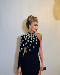 Evening Dresses: Women Celebrity Single Sleeve Rhinestone Black Maxi