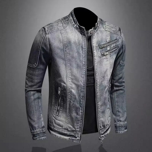 Denim Jackets Men Casual Stand Collar Moto Biker Outerwear Coats Mens