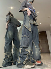 Y2K Vintage Women Denim Jeans Korean Streetwear Oversize Star Aesthetic Straight