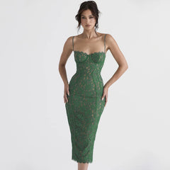 Evening wear Dresses: Occasion Dress Green Spaghetti Strap V Neck Lace Dress