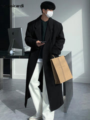 Autumn Winter Long Thick Warm Soft Fitted Woolen Coat Men Single Breasted Cool