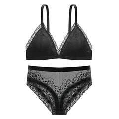 Women Lace Bra Set Deep V Bralette Low Waist Panties Seamless Underwear