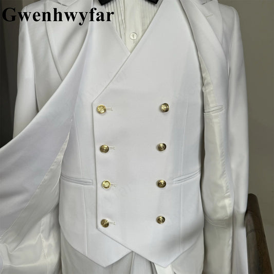 Tuxedo for Mens: Men Suits Solid White Color Peaked Lapel (Jacket+Vest+Pants)