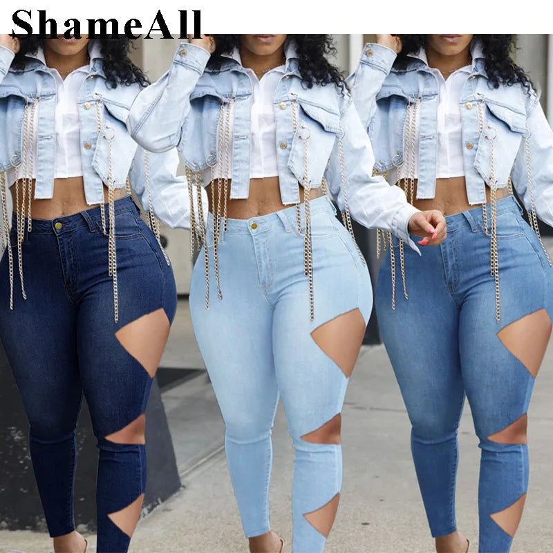 Plus Size Street Cut Hole Stretchy Skinny Jeans 3XL Women Party Club Outfit