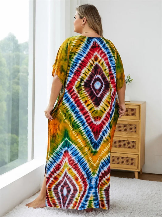 Bohemian Multicolor V Neck Loose Kaftan Dress For Women Summer Casual Plus