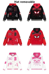 Jackets Men Embroidery Baseball Jacket removable Hat Spliced PU Leather