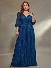 Mgiacy plus size V-neck bust pleated mid-long sleeve A-frame sequin long dress