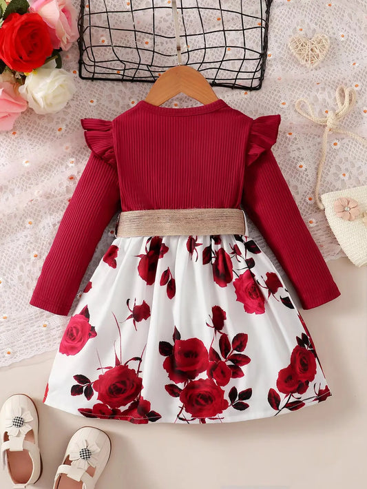 Children Girls Dress Red Long Sleeved Flower Skirt for Birthday