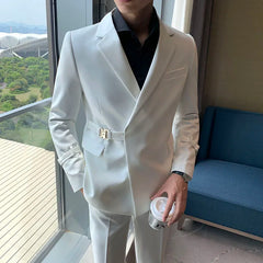Beach Wedding Outfit Men: Men's Suit Set with Belt Decoration, Casual Two-Piece Suit
