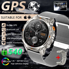 Outdoor Military Smart Watch Men Built-in GPS 1.46" AMOLED Compass Altimeter BT Call 3ATM Waterproof Clock LED Sports Smartwatch