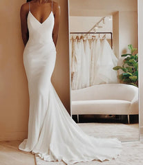 White Bridesmaid Dresses: Satin Wedding Dress V-neck Spaghetti Straps Backless