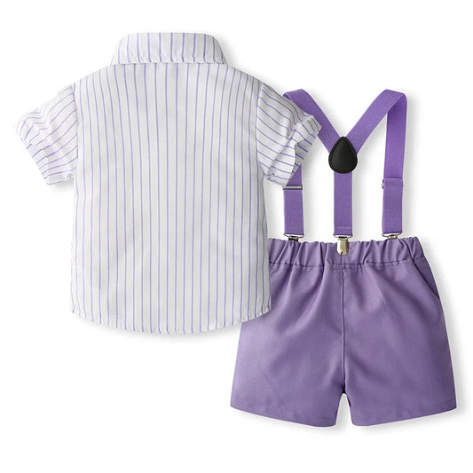 1-5Y Baby Boys Gentleman Outfit Stripe Print Short Sleeve Shirts +Bow Tie + Suspender Shorts Sets Kids Summer Clothes