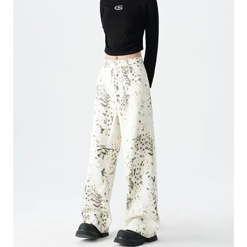 American Retro High Street Casual Leopard Print Loose Wide Leg Pants for Women