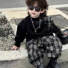 Baby Boys Children Clothes Spring Autumn Kid Fashion Splicing Plaid Coat + Plaid Pants 2Pcs Set Streetwear Handsome Sportswear