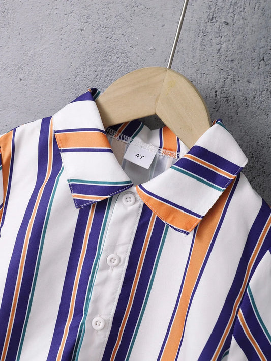 Summer Cool Boys Short Sleeves Striped Two-Piece A Gentleman's Suit For 4-7 Years Old Kids