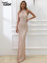 Evening wear Dresses: Women Party Halter Sequin Beaded Maxi Elegant Evening