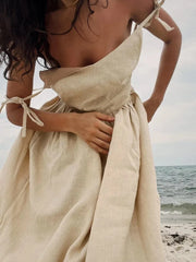 Backless Beach Dress For Women V Neck Splice Folds Long Dresses